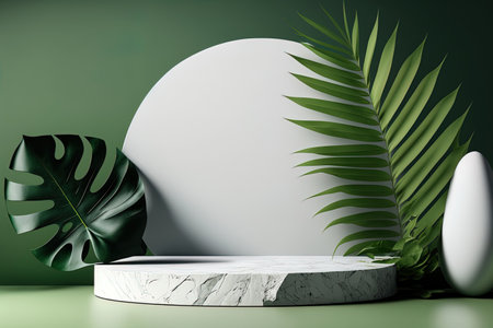 Contemporary White Podium Stage Shelf with Rock Green and Tropical Leaf Backgroundsの素材