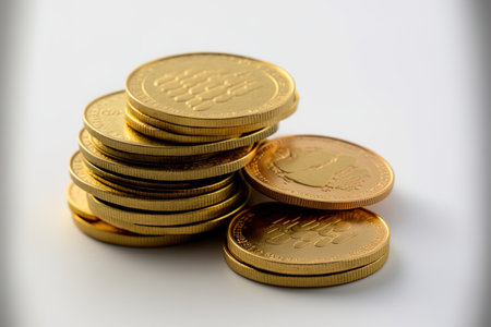 Coins stacked together on a white backdropの素材