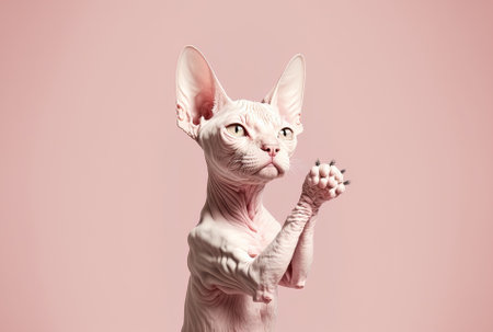 Funny sphynx cat highfive portrait, isolated on pastel pink backdropの素材