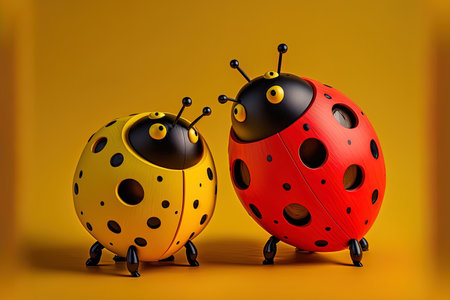 Ladybug shaped colored wooden figurines on a yellow backdropの素材