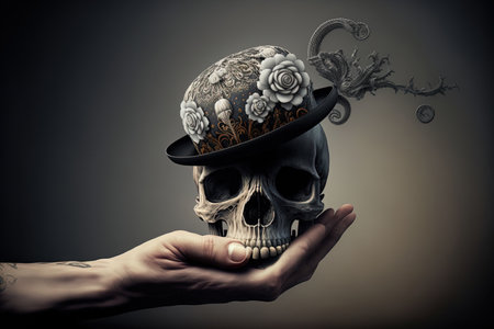 Hand clutching a hat with a decorated skullの素材