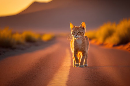Domestic cat on a road in the desert, looking adorableの素材