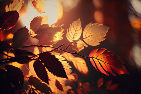 Falling leaves in vivid backlight from the setting sun, captured in close upの素材