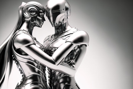 Modern art background with a pair hugging in shiny silverの素材