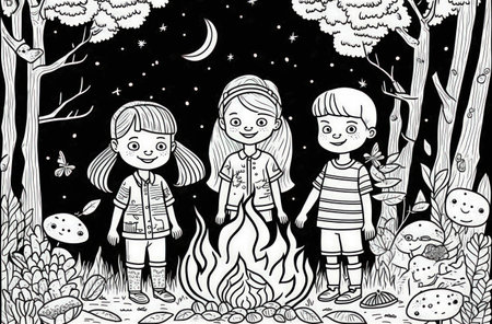 Happy kids at a campsite in the woods at night. coloring page in black and whiteの素材