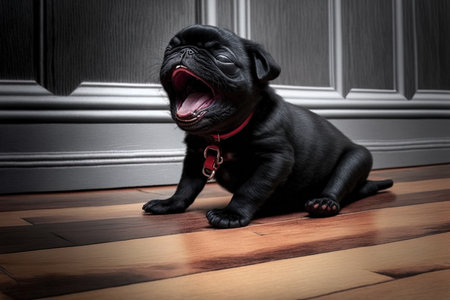 Pug puppy in black with red leashes yawning on hardwood floorの素材