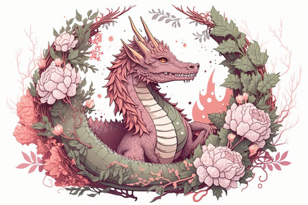 Illustration of a pretty pink dragon wearing a wreath of flowersの素材