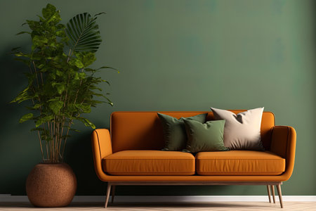 Simple, minimalistic contemporary decor with a brown couch against a green wall,の素材