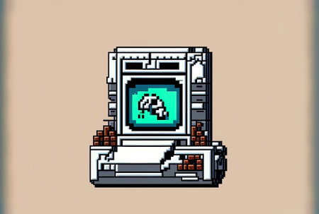 Icon for an 8 bit game made in pixel art using a mechanical arm and a white backdropの素材