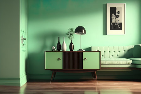 Interior green mint wall, sofa, and sideboard on wood floorの素材