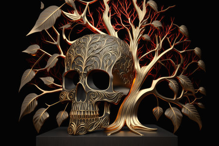 In the background of this bronze skull is a splayed treeの素材