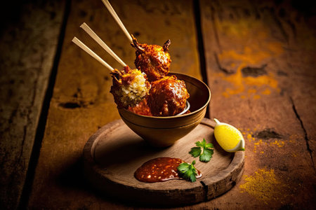Over a rustic wooden background, a chicken lollipop appetizer is offered in India. focus only on some subjectsの素材