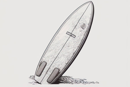 Illustration of a surfboard on a white backdrop. Line drawings in black and whiteの素材