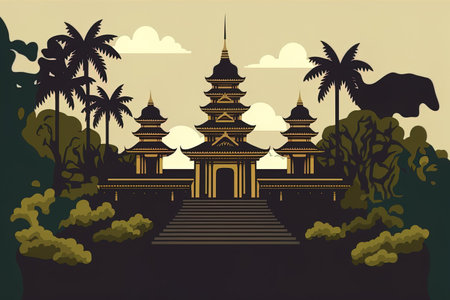Landmark in Indonesia. Background of Indonesian civilizations, depicted by handの素材