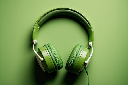 On a green background, headphones. with copy space in a flat layの素材