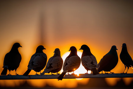 Pigeons silhouetted in the light, arranged in a rowの素材
