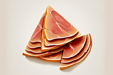 Slices of cooked ham set apart on a white backdropの素材