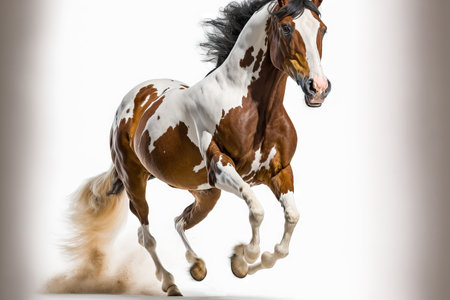 Piebald Horse galloping alone on a white backgroundの素材