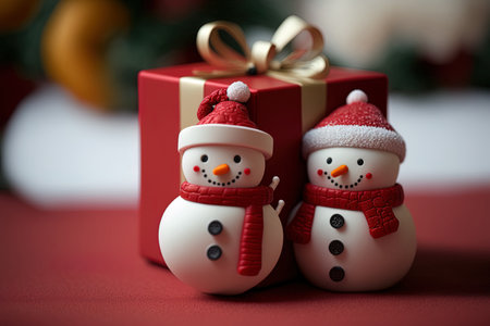 Snowmen ornament with red gift boxの素材