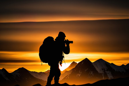 Photographer in silhouette as they capture a mountainous sunsetの素材