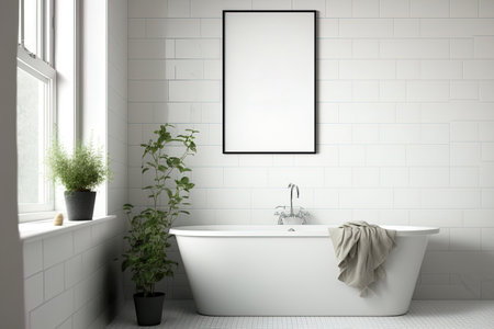 Poster and wall mockup in a warm white bathroom environmentの素材