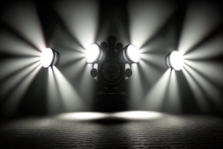Spotlights cast a dark background and an empty stage in lightの素材
