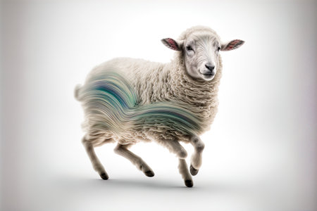 cartoon lamb in motion on a white backdropの素材