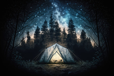 Tent under the stars, lit by a light, in the middle of a forestの素材