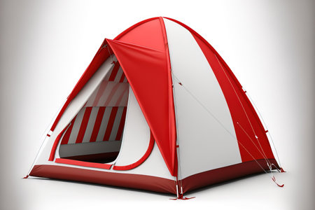 Tourist tent in red, open, and white, isolatedの素材