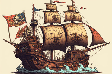 Sail and flag adorned wooden pirate shipの素材