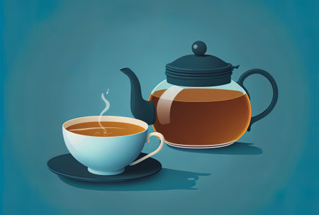 Teapot and cup of tea on a flat lay against a blue backdropの素材