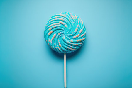 Top view of lollipop candy strewn across a blue backgroundの素材