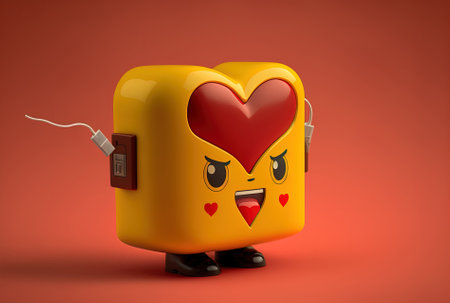 Rechargeable battery powered red heart figure mascot on a yellow backdropの素材