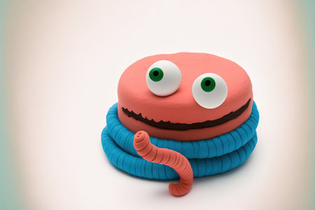 a happy worm against a white background. Craft with soft plasticineの素材