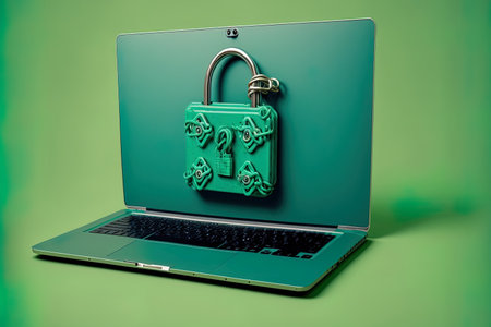laptop with a padlock and a green backgroundの素材