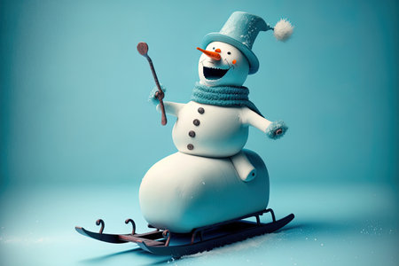 On a blue background, a snowman is riding a sled. isolatedの素材