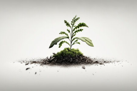 White backdrop, tiny green plant emerging from the groundの素材