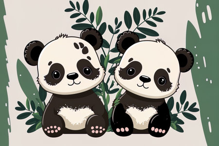 Two adorable pandas drawn in a flat cartoon styleの素材
