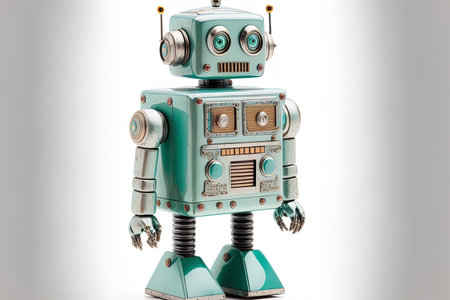 Vintage tin robot toy isolated on a white backgroundの素材