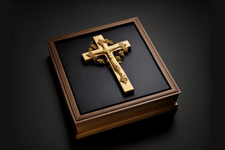 wooden crucifix at a funeral idea on a black backdrop, top view copy spaceの素材