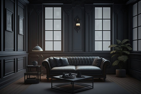 There is a sofa in a modern, cozy living room, and the walls are black and vacantの素材
