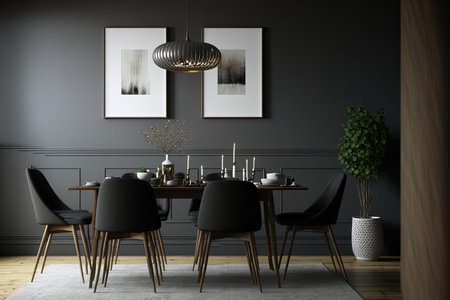 interior of a contemporary, dark dining room, mockup of a gray wallの素材