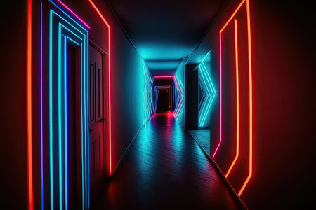 corridor lights, laser light display, fluorescent club interior, glowing linesの素材