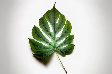 solitary green leaf on a white backdropの素材