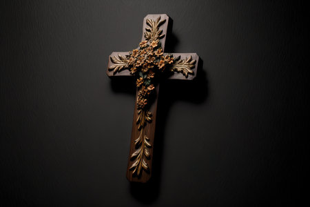 wooden crucifix at a funeral concept on a black backdrop, top view, copy spaceの素材
