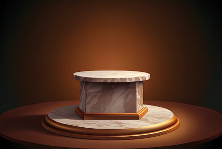 of a marble podium with a background setting of brown cloth for a product showcaseの素材