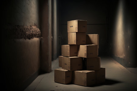 stack of cardboard boxes on a dark industrial floorの素材