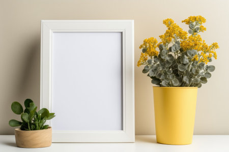 empty photo frame and flower plant in a pot mock upの素材