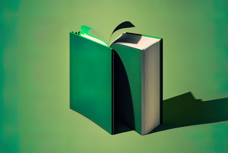 Isolated on a blue backdrop, the green Open book emblem. long shadowed fashionの素材