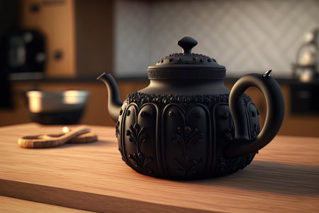 On a wooden kitchen countertop is a black teapot. internal componentの素材